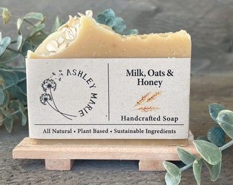 Honey Oatmeal Goat Milk Soap – Natural Cold Process Bar – Soothing Oatmeal Soap for Sensitive Skin – Handmade Moisturizing Vegan Soap