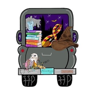 May include: A gray cartoon car with a Hogwarts theme. The car is filled with Harry Potter books, a broom, a Sorting Hat, and a white owl. The car has a license plate that says "PLATFORM 9 3/4" and the words "Always" and "Original" on the back.
