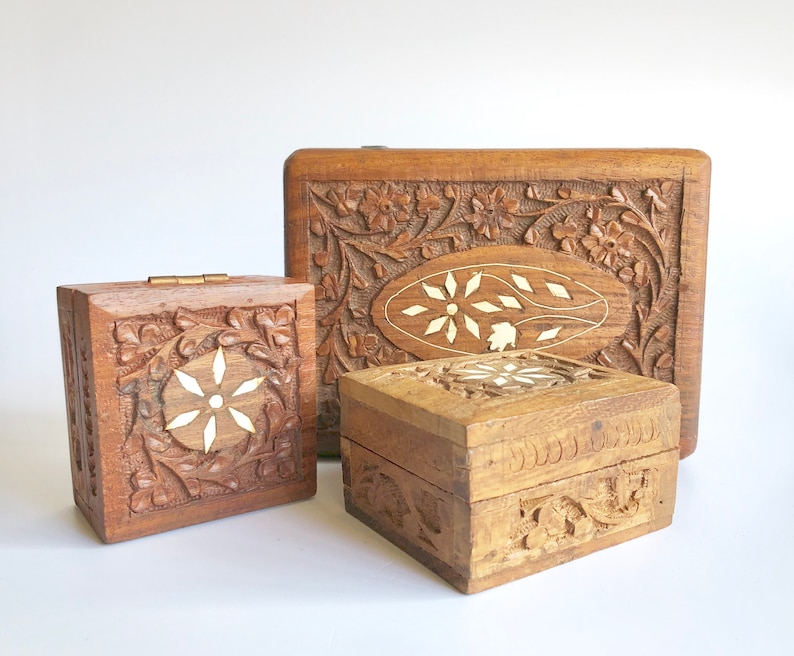 trinket box medium vintage carved wood box; indian carved wood jewelry box