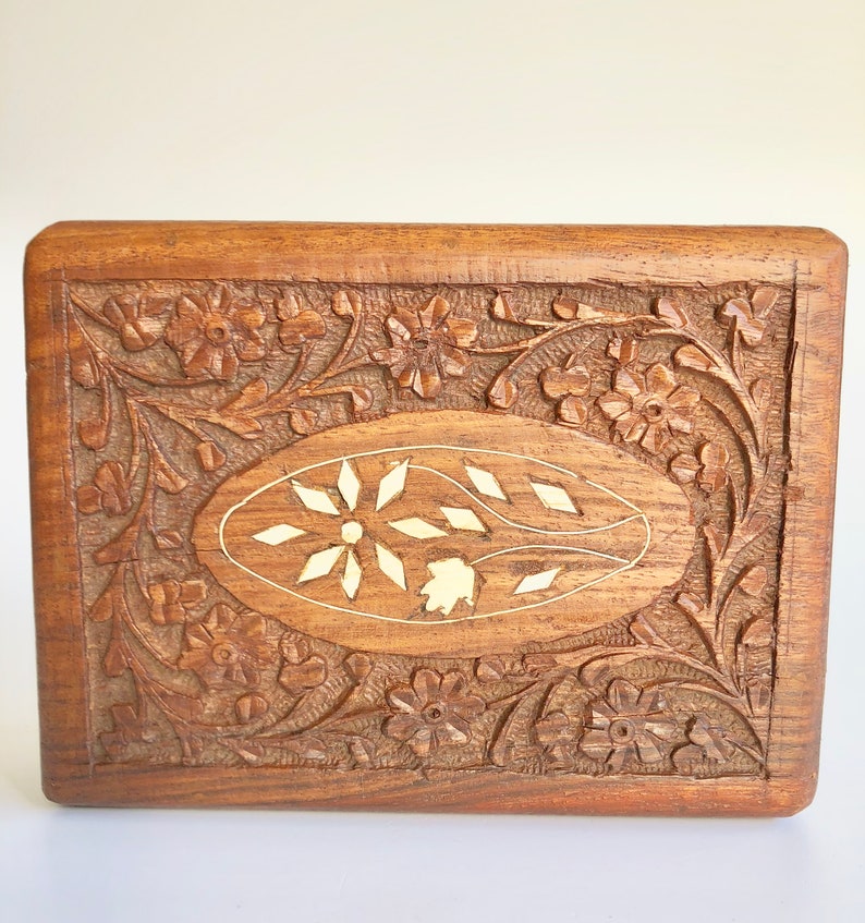 trinket box medium vintage carved wood box; indian carved wood jewelry box