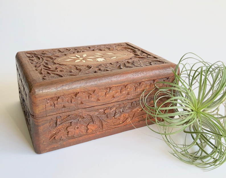 trinket box medium vintage carved wood box; indian carved wood jewelry box