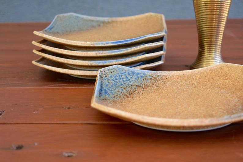 Square Stoneware Plates in Tan Brown and Blue Set of 5 Etsy