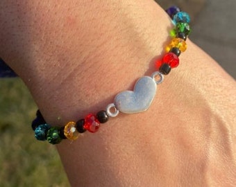 Rainbow Beaded Bracelet: Silver Heart, Pride Jewelry