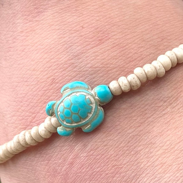 Sea Turtle Anklet, Turtle Bracelet, Turquoise Bead Anklet, Summer Jewelry, Flower Bead, Gift Idea, Stretchy or Non stretchy, beachwear