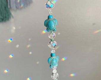 Sea Turtle Sun Catcher, Turquoise Stone Turtle Decor, Turtle lover gift, Ocean theme hanging prism, Ocean kitchen home decor, Car hanger