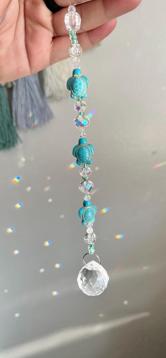 Sea Turtle Sun Catcher, Turquoise Stone Turtle Decor, Turtle lover gift, Ocean theme hanging prism, Ocean kitchen home decor, Car hanger