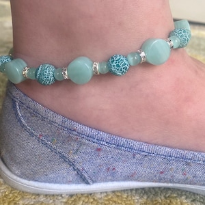 Womens Ankle Bracelet, Beaded Anklet, Jade Color Beads, Green & Rhinestone Summer Jewelry, Great Gift Idea
