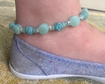 Jade Beaded Ankle Bracelet: Green Rhinestone Summer Jewelry