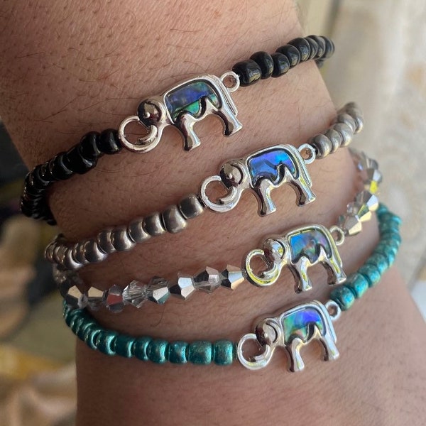 Silver Abalone Shell Iridescent Elephant Bracelet or Anklet. 5 color of beads to choose from. Gift Birthday Christmas stretchy jewelry