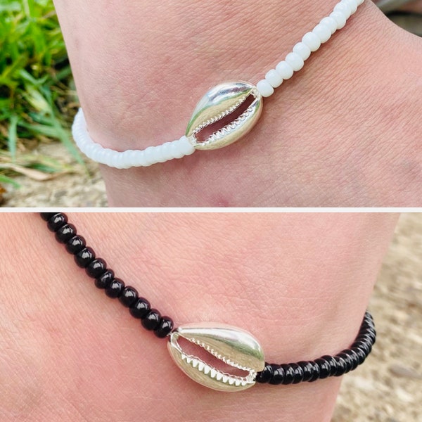 Silver Puka Shell Bead Anklet or Bracelet, Womens ankle bracelet, Summer Jewelry, Gift Idea, White beads, or black beads, beachwear