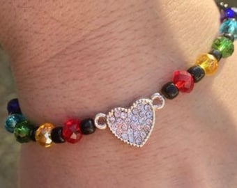 Rhinestone Heart Rainbow Bracelet: Silver Plated Pride Jewelry