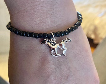 Silver Plated Horse Charm Bracelet, black beads, Horse Lover gift, Horseback Riding, Present, Mare, Cowgirl Jewelry, Cowboy, equestrian