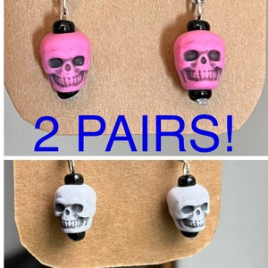 Skull Earrings 2 Pairs, 2 Sets Skull Earrings, Halloween Earrings, Red Black White Skulls, Pink yellow blue purple, Skeleton Skull Earrings