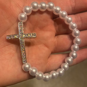 Cross Bracelet Silver, Opal Iridescent Cross with Pearl Beads, Church Jewelry Gift Birthday Present, first communion gift, wedding, Womens