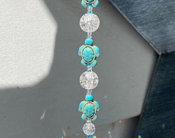 Sea Turtle Sun Catcher, Turquoise Stone Turtle Decor, Turtle lover gift, Ocean theme hanging prism, Ocean kitchen home decor, Car hanger