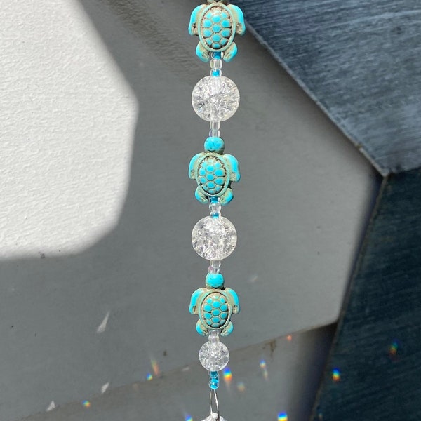 Sea Turtle Sun Catcher, Turquoise Stone Turtle Decor, Turtle lover gift, Ocean theme hanging prism, Ocean kitchen home decor, Car hanger