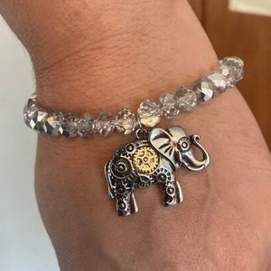 Elephant Bracelet, Silver Elephant Jewelry, Gift for elephant lover, Gears Bracelet, Gold Bronze Elephant, Elephant Charm Stretch Bracelet
