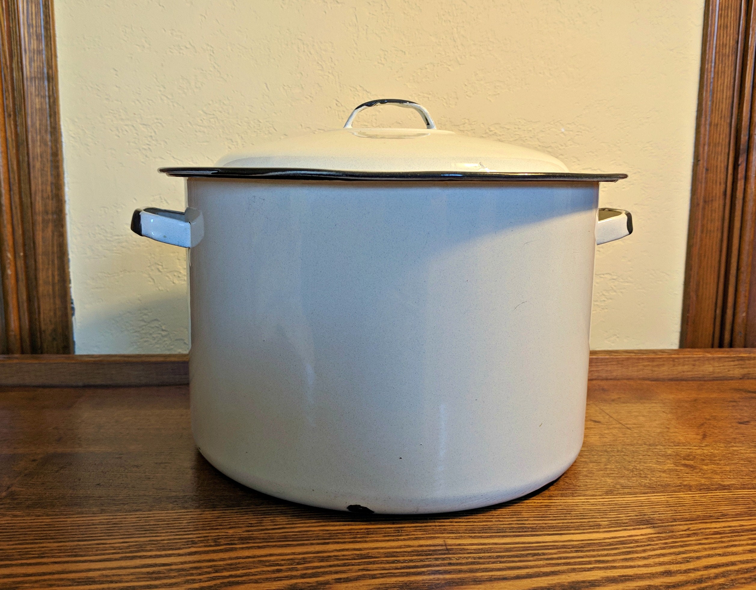 Vintage Enamel Stock Pot with Lid White with Black Trim Etsy