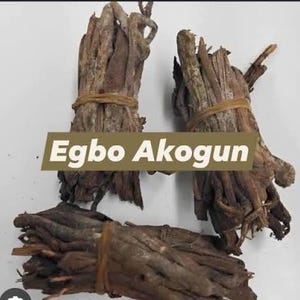 Puede incluir: Varios paquetes de material vegetal seco y marrón, atados con cuerda. El texto "Egbo Akogun" se muestra en la imagen. Los paquetes están dispuestos sobre un fondo claro.