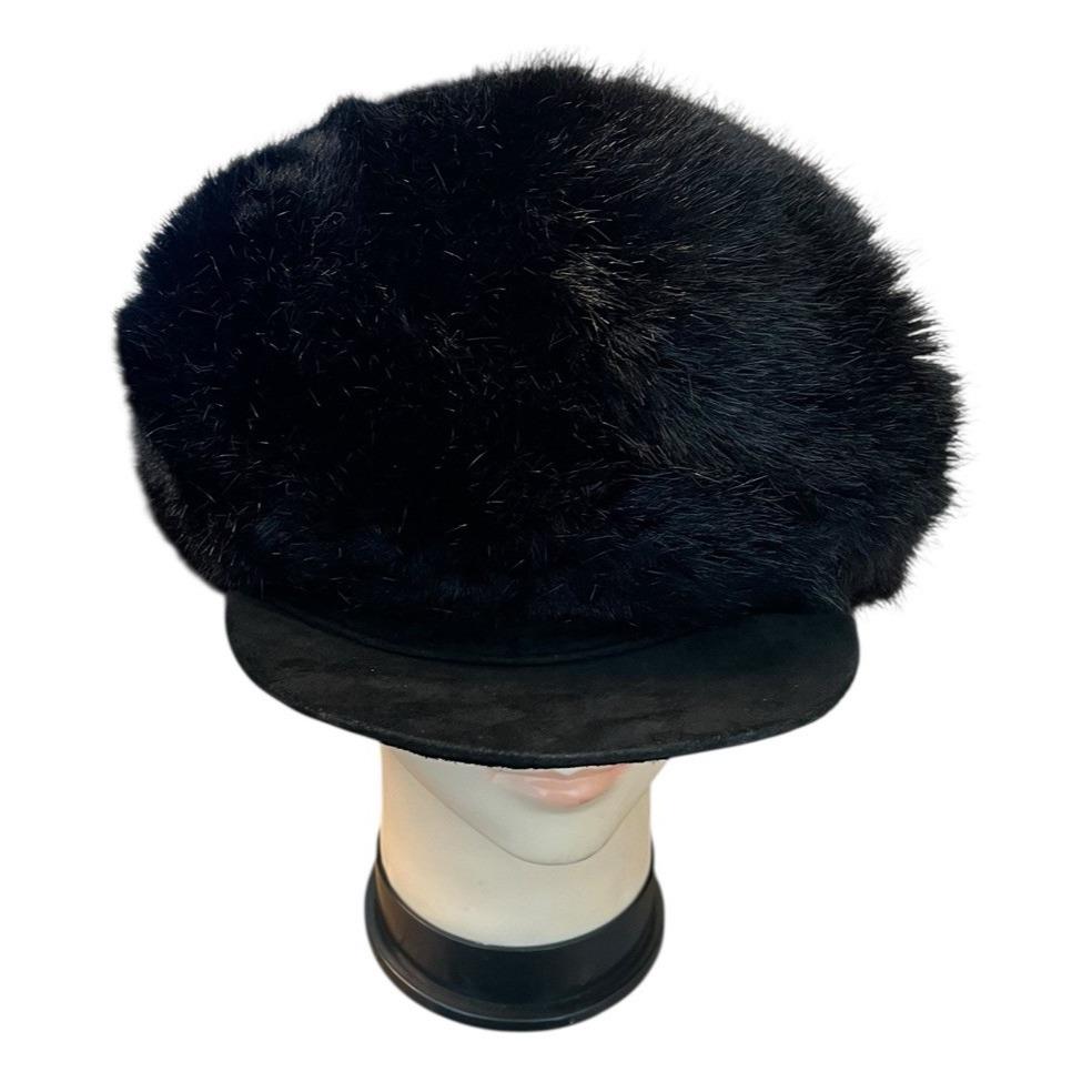 Emporio Armani Black Fur Newsboy Cap Hat Size 58 Designer Winter Luxury Emporio Armani Black Rabbit Fur Hat – Designer Fuzzy Cap  main image 3