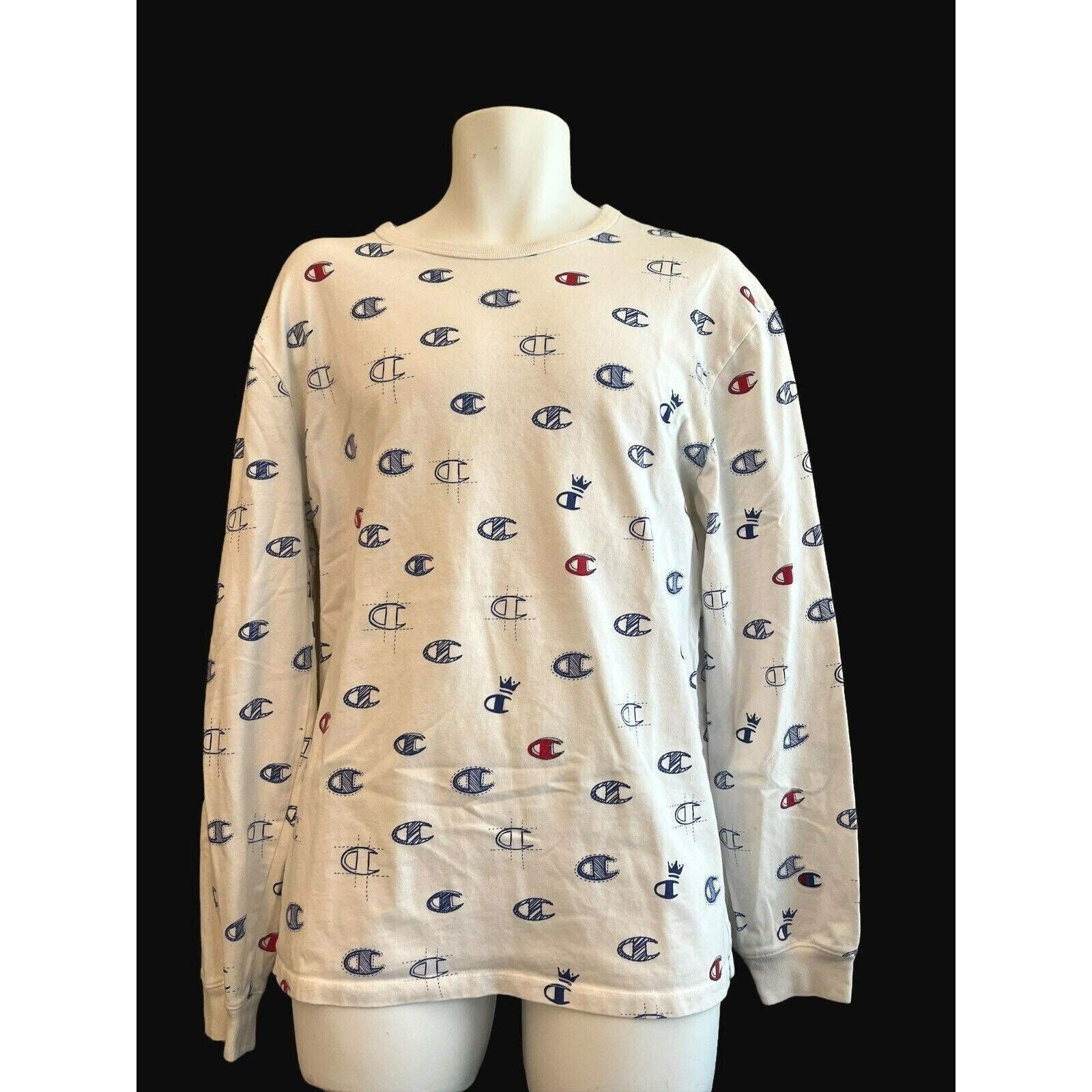 Roundrocktreasures Vtg Champion Logo All Over Print T Shirt Double Sided Adult Large Long Sleeve