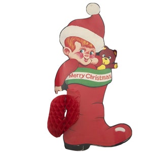 Decoración colgante de cartón navideño vintage Santa Boy en Stocking 1960s Japón