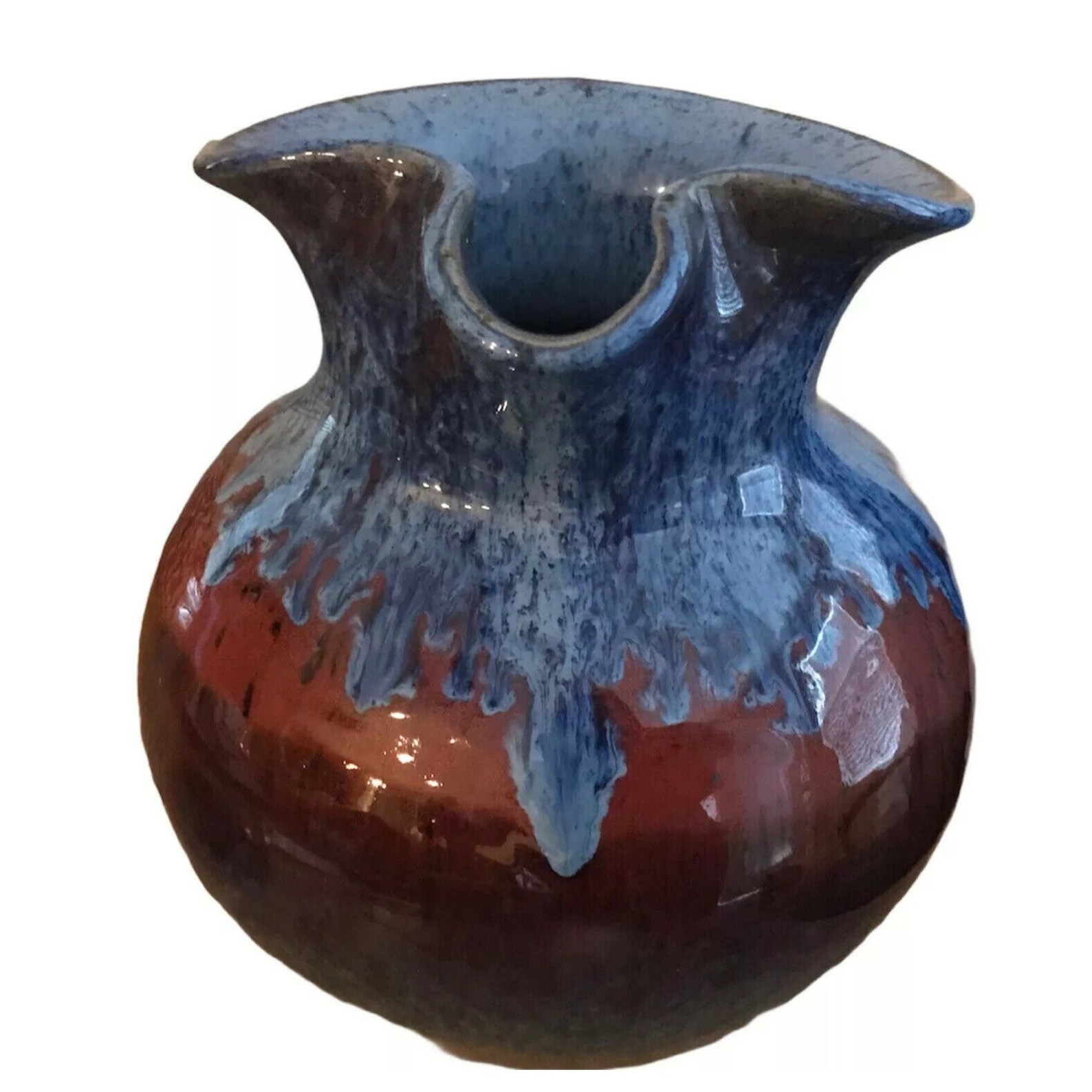 Vtg Pottery Stoneware Pitcher Drip Glaze Blue Red Clay Brown Etsy