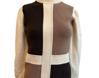 Aspen Skiwear Sweater Women's Small Color Block Wool Cardigan Beige 1960's Vtg