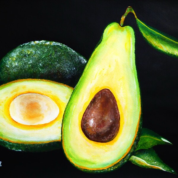 Avocado original painting, 11"x16", Acrylic on watercolor paper, hand painted artwork, dining room decor, kitchen wall art, cafe art