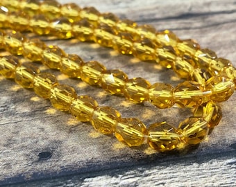 Czech Firepolish Glass Beads, 6mm Transparent Honey Faceted Round Beads, Transparent Yellow Beads - Qty 25 pcs