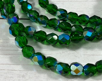 6mm Emerald AB Faceted Round Beads, Translucent Green Beads, Czech Firepolish Glass Beads - Qty 25 pcs