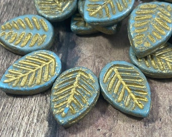 Czech Glass Leaf Beads Sky Blue Leaves with Gold Wash 16x12mm Etched Leaves Blue and Gold Leaves Nature Beads - Qty 10 pcs