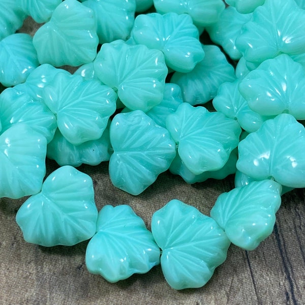 Mint Green Maple Leaf Czech Glass Beads, 10x13mm Pastel Leaves for Spring, Mint Green Silk Leaf Beads, Nature Beads - Qty 10pcs