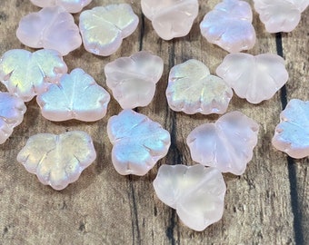 Pink AB 13x11mm Czech Glass Maple Leaf Beads, Transparent Matte Pink with AB Finish Leaves - Qty 10 pcs