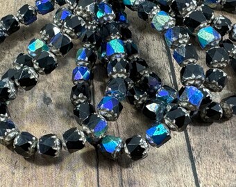 6mm Cathedral Faceted Glass Beads, Black with Antique Silver and AB Finishes, Czech Glass Beads, Opaque Black AB Beads - Qty 20 pcs