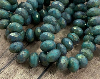 Turquoise with Golden Purple Marble Luster Finish, 9x6mm Rondelle, Green Czech Glass Beads - Qty 25 pcs