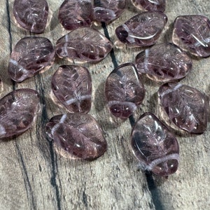 Amethyst Wavy Leaf Beads, Czech Glass Leaves, 14x9mm Transparent Purple Etched Leaves, Nature Beads - Qty 25 pcs