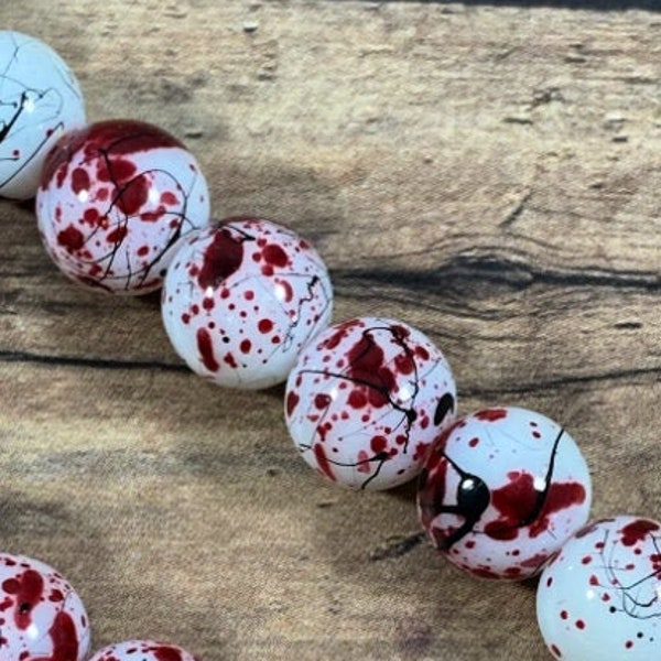 Blood Splatter Beads 10mm Round Glass Beads, White with Red and Black Splatter Beads, Halloween Beads, Horror Beads, Murder Beads - Qty 6