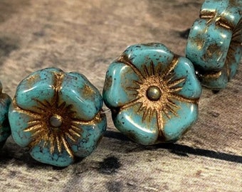 Czech Glass Flower Beads, 12mm Sea Green Hibiscus Beads with Gold Wash/Finish, Blue Green Flower Beads, Nature Beads - Qty 6