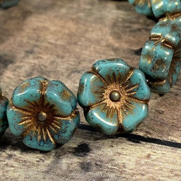 Czech Glass Flower Beads, 12mm Sea Green Hibiscus Beads with Gold Wash/Finish, Blue Green Flower Beads, Nature Beads - Qty 6