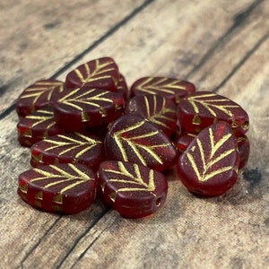Czech Glass Leaf Beads, Matte Red Birch Leaves with Gold Wash, 10x8mm Transparent Red Mint Leaf, Red Fall Leaf Beads - Qty 12 pcs