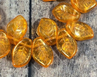 Orange Luster Transparent Leaf Beads, Czech Glass Leaves, 14x9mm Shiny Orange Etched Leaves, Wavy Leaf Bead, Nature Beads  - Qty 12 pcs