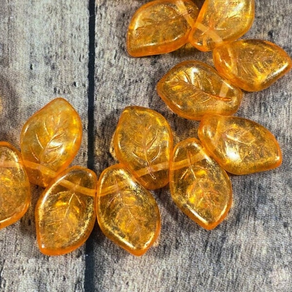 Orange Luster Transparent Leaf Beads, Czech Glass Leaves, 14x9mm Shiny Orange Etched Leaves, Wavy Leaf Bead, Nature Beads  - Qty 12 pcs