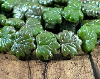 Czech Glass Green Leaf Beads, 11x13mm Green Maple Leaf with Silver Picasso Finish, Green Metallic Leaf Beads, Nature Beads - Qty 10pcs