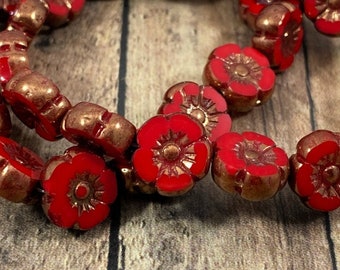 Czech Glass Flower Beads, 9mm Scarlet Red Hibiscus Beads with Bronze Finish, Red Flower Beads, Nature Beads - Qty 8 pcs