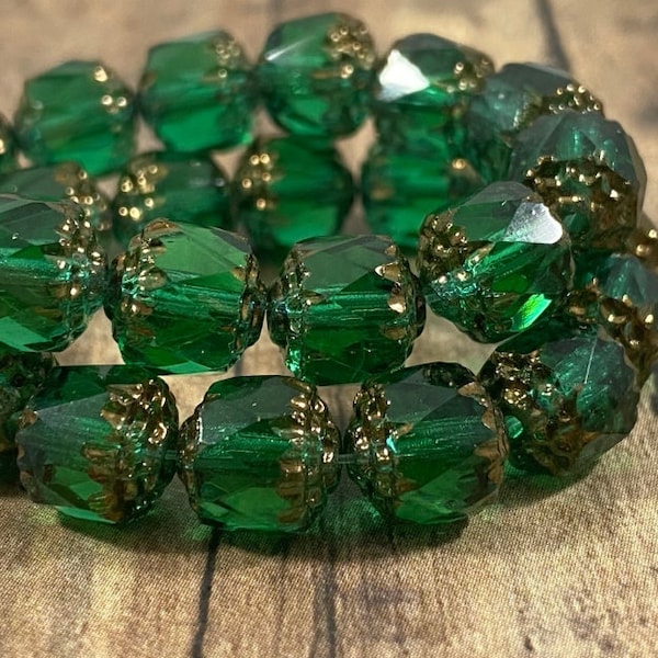 8mm Emerald Cathedral Faceted Glass Beads with Bronze Finish, Czech Glass Beads, Transparent Green Beads - Qty 10 pcs