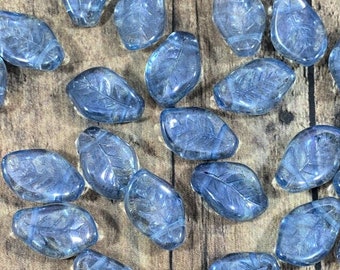Blue Lumi Transparent Wavy Leaf Czech Glass Beads, 14x9mm Nature-Inspired Beads - Qty 25 pcs