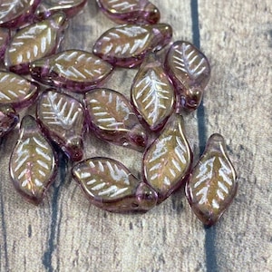 Amethyst Czech Glass Leaf Beads, Transparent Purple Luster with Platinum Wash, 12x8mm Shiny Purple Leaves - Qty 20 pcs