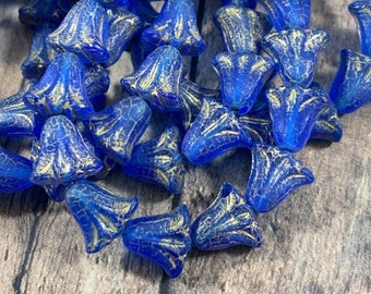 Czech Glass Beads, Blue Lily Flowers with Gold Wash, 10mm Matte Blue Flower Beads, Transparent Blue Tulip Beads, Nature Beads - Qty 10 pcs