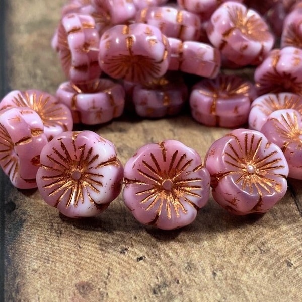 Dusty Rose Hibiscus Flower Beads, 14mm Czech Glass Flower, Pink and White Hibiscus Beads with Copper Finish, Pink and Copper Beads - Qty 5